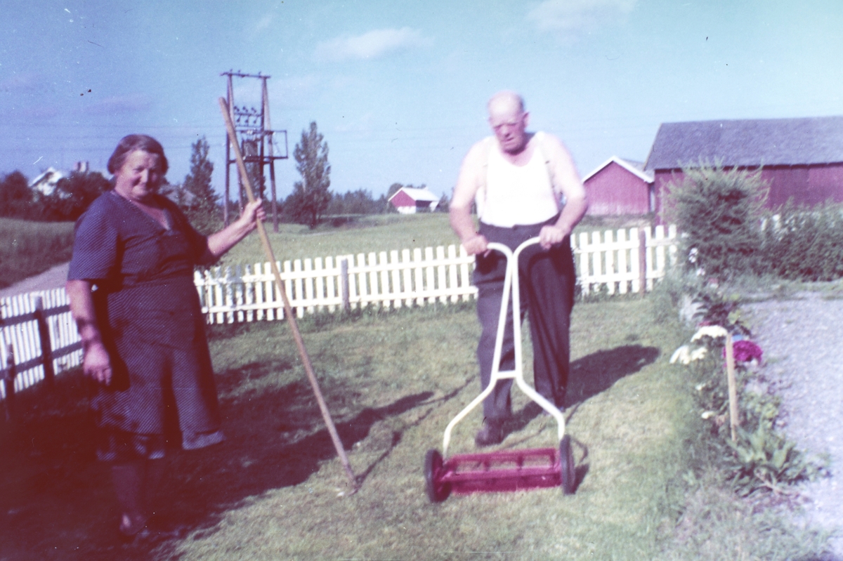 Ukjent, Fredhaug ca. 1960. Inga og Alfre Nyhagen raker og klipper plen. Plenklipper. Hagearbeid. Bak sees Greftenenga, Greften og Øver-Enga.