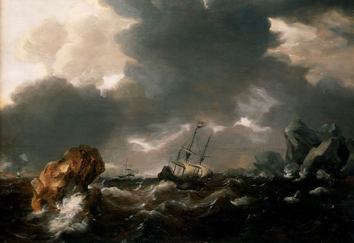 Willem van de Velde the Younger, A Dutch Merchant Ship Running Between Rocks in Rough Weather