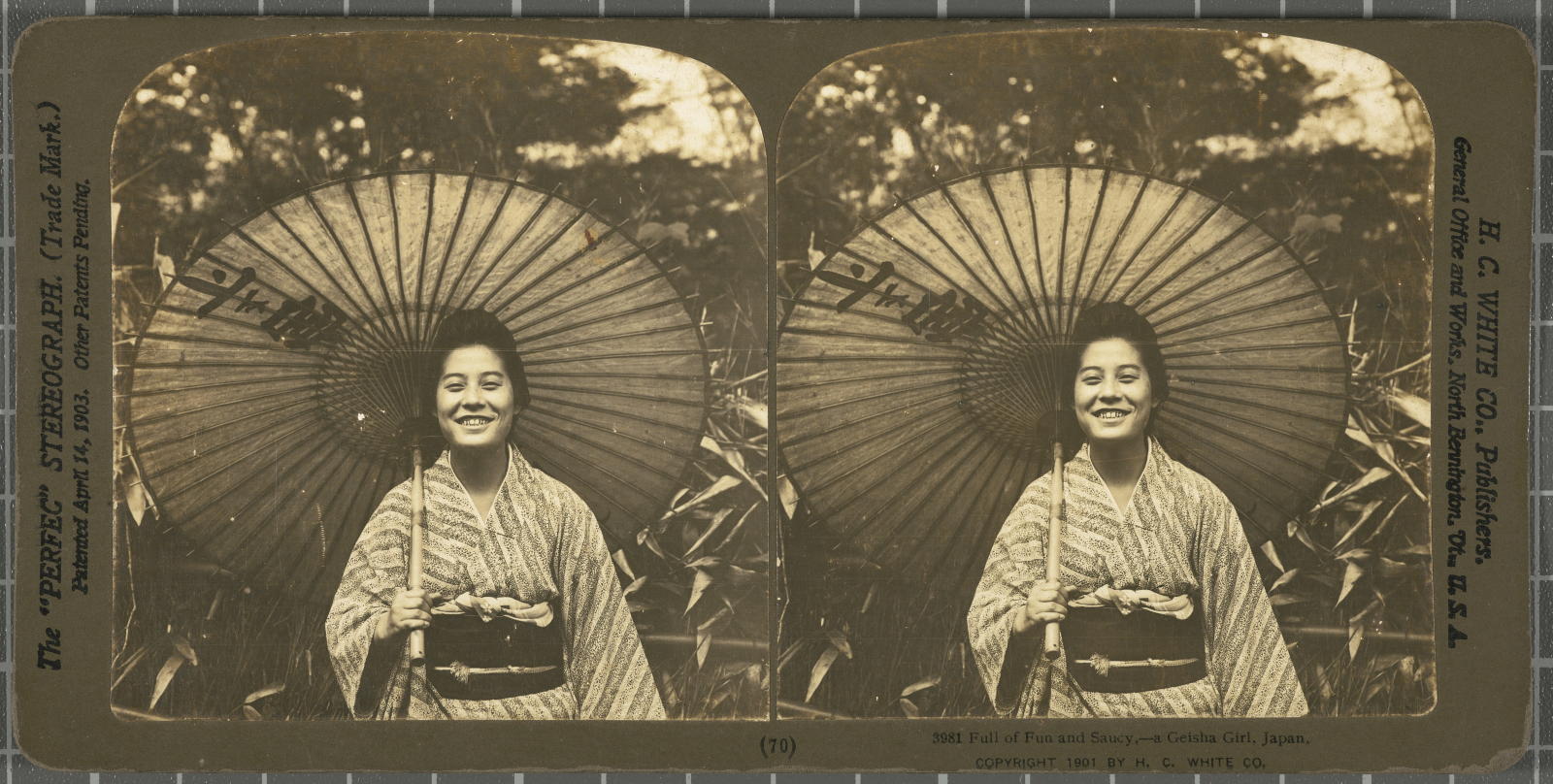 Desconegut, Full of Fun and Saucy, a Geisha girl, Japan. Justificació del títol, títol inscrit White, H.C. & Co., The "Perfec" Stereograph