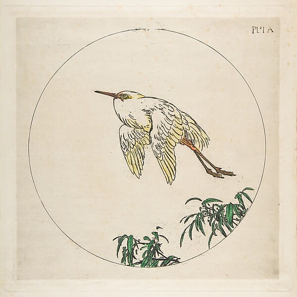 Félix Bracquemond, Decoration for a Plate: An Egret Flying Above Bamboo Branches