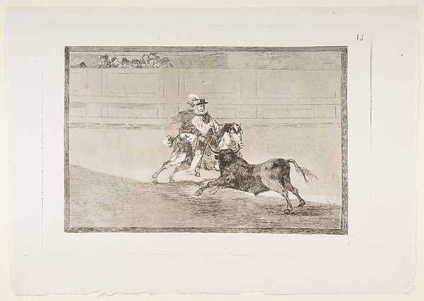 Goya (Francisco de Goya y Lucientes), Plate 13 of  "La Tauromaquia": A Spanish mounted knight in the ring breaking short spears without the help of assistants