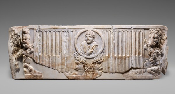 Unknown, Front of a Sarcophagus with Female Portrait in a Medallion above Two Theatrical Masks, and Lion Devouring a Boar at Each Extremity