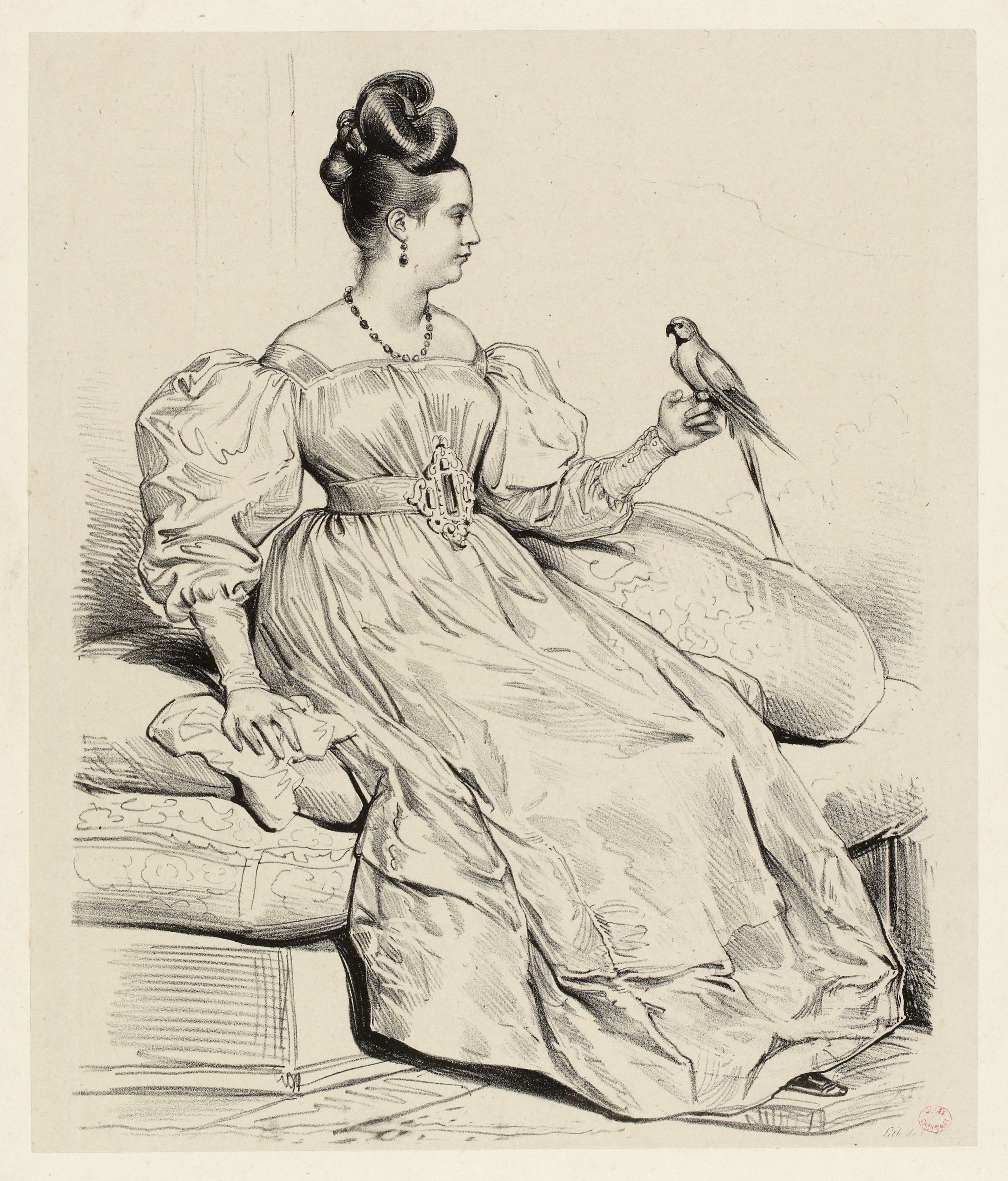 Achille Devéria, Portrait de Laure Devéria, assise, tenant un perroquet