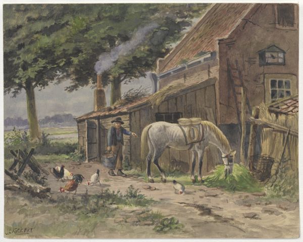 Kikkert, Jan Elias, (1843-1925), (artist), Farmer and a horse in a farmyard