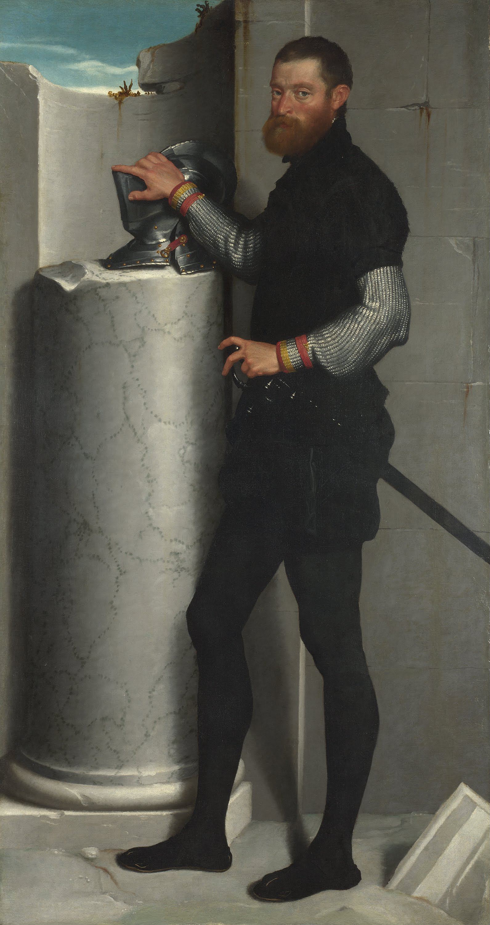 Giovanni Battista Moroni, Portrait of a Gentleman with his Helmet on a Column Shaft