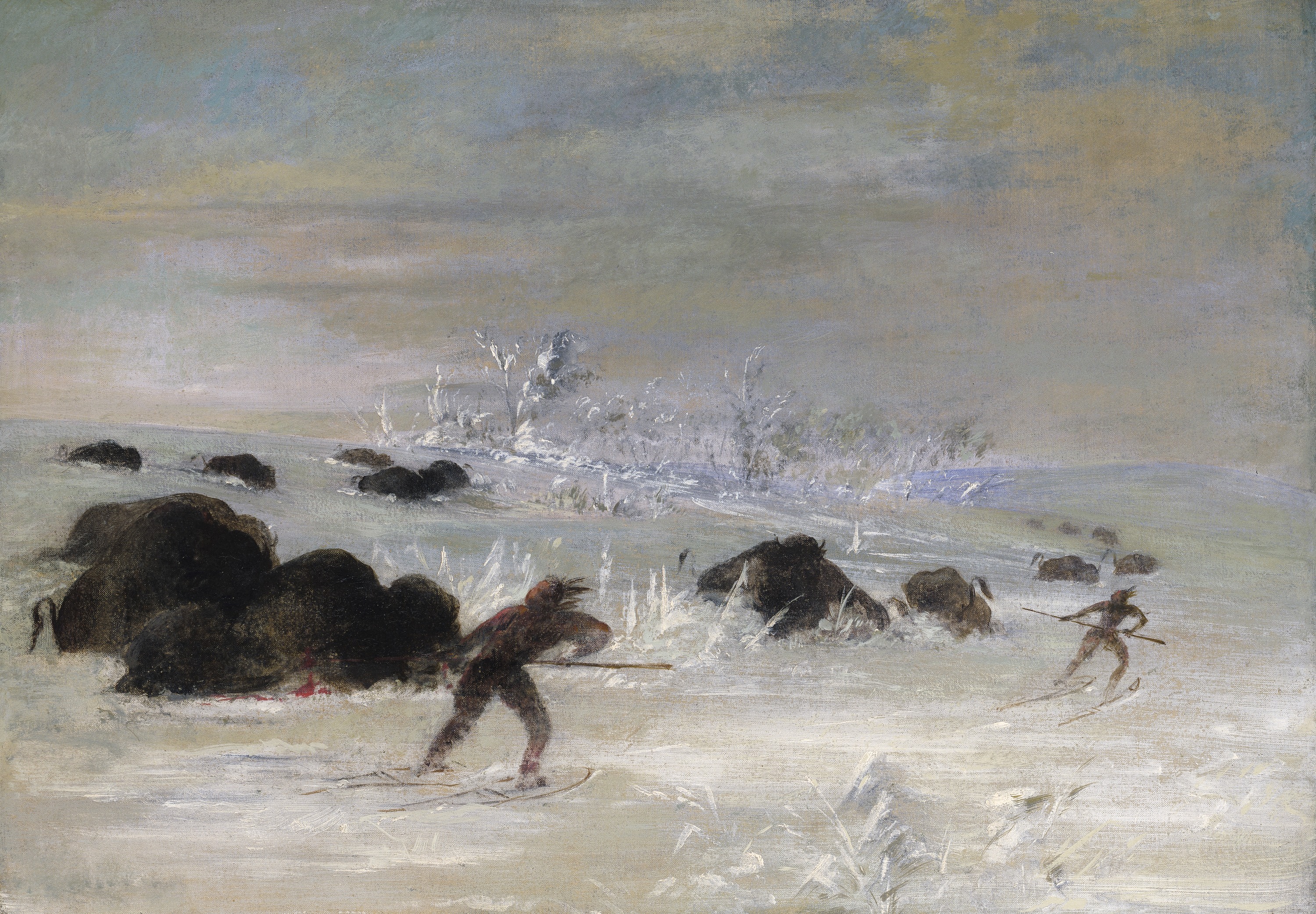 George Catlin, Assiniboine Indians Pursuing Buffalo on Snowshoes