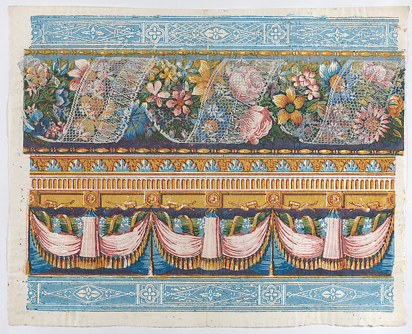 Anonymous, Sheet with lace atop a floral garland with drapery below