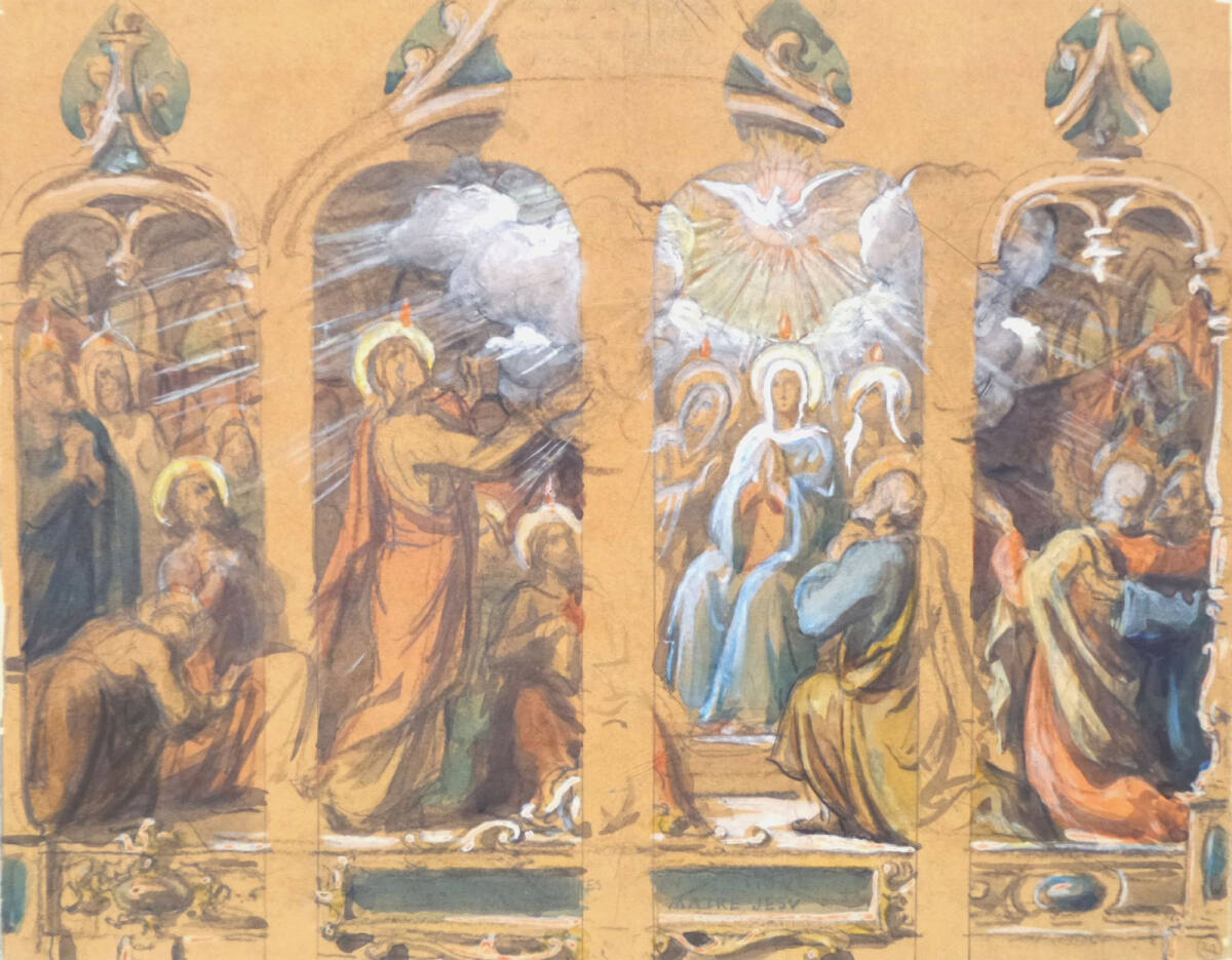ClaudiusLavergne, Glasfensterentwurf für die Kirche Notre-Dame de Nanteuil in Montrichard: Die Aussendung des heiligen Geistes (Pfingstfest)