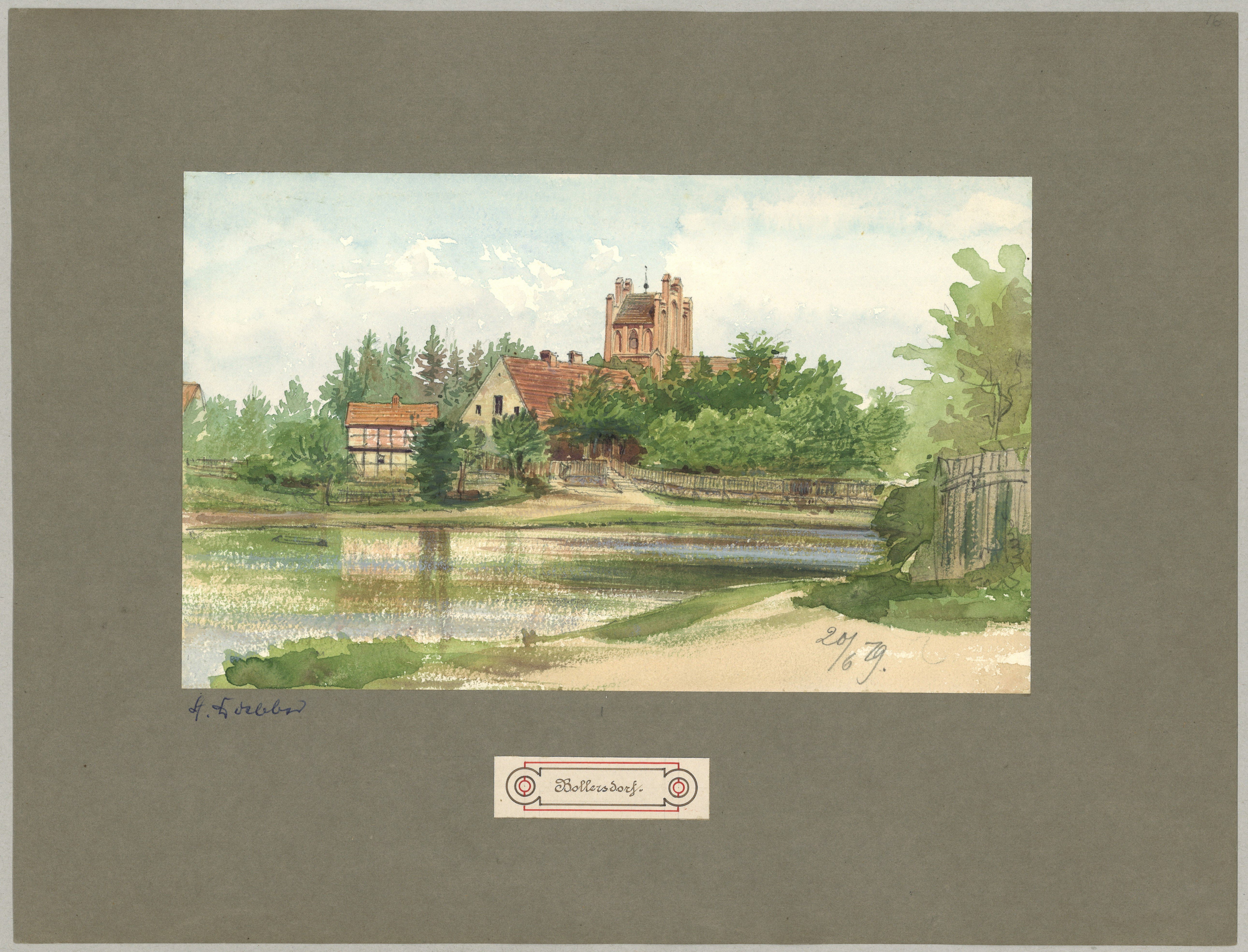 Adolph Doebber, Bollersdorf (Kr. Oberbarnim): Dorfteich mit Dorfkirche