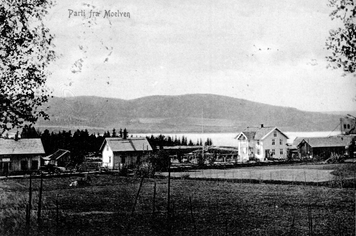 Anno Domkirkeodden, Oversikt, Moelven nord, Cafe, butikk, Moelven Cellulose, Husene er fra høyre K. M. Haugens Kolonial, i midten huset til Severine Larsen og det til venstre ble kallt "fattiggården". Alle husene gikk med i samme brann i april 1940 i bakgrunnen helt til høyre sees litt av Moelv Cellulosefabrikk.