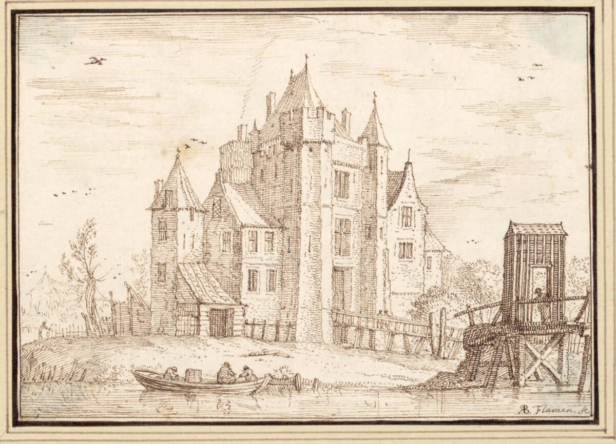AlbertFlamen, Blick auf ein altes Schloß, vorne ein kleines Fischerboot und eine Holzbrücke (III-2)