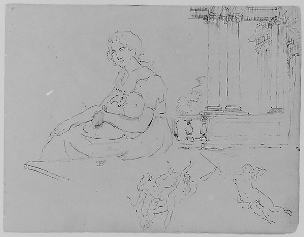 Thomas Sully, Seated Woman Holding Baby; Ionic Porch and Balustrade, Three Fleeting Figures (from Rubens Massacre of Innocents? Or Allegory of War) (from Sketchbook)