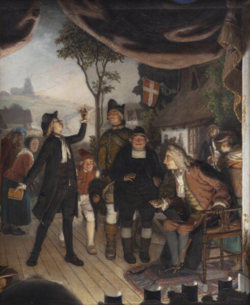 Lorenz Frølich, Holberg overværer en prøveforestilling af Erasmus Montanus, IV akt, 2. scene: "Ergo er I en Hane"