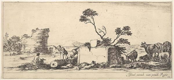 Stefano della Bella, Plate 12: a seated draughtsman to left, a standing shepherd next to him to right, ruins and animals to the right, a tower in ruins to left in the background, from "Various Landscapes" (Divers Paysages)
