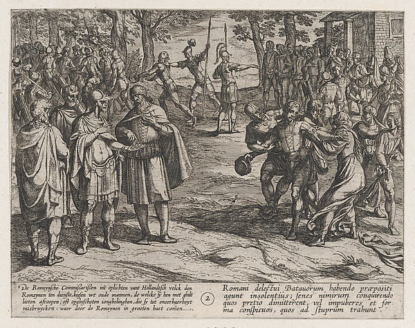 Antonio Tempesta, Plate 2: The Romans Taking Old Dutch Men as Hostages and Seducing Young Ones, from "The War of the Romans Against the Batavians" (Romanorvm et Batavorvm societas)