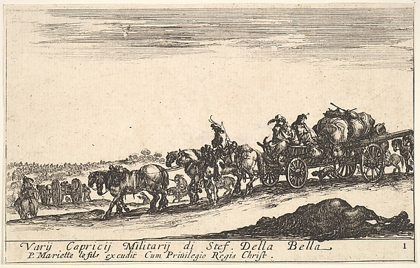 Stefano della Bella, Plate 1: A horse drawn cart carrying people and goods, dead horse in the foreground, from "Various Military Caprices" (Varii capricci militari)