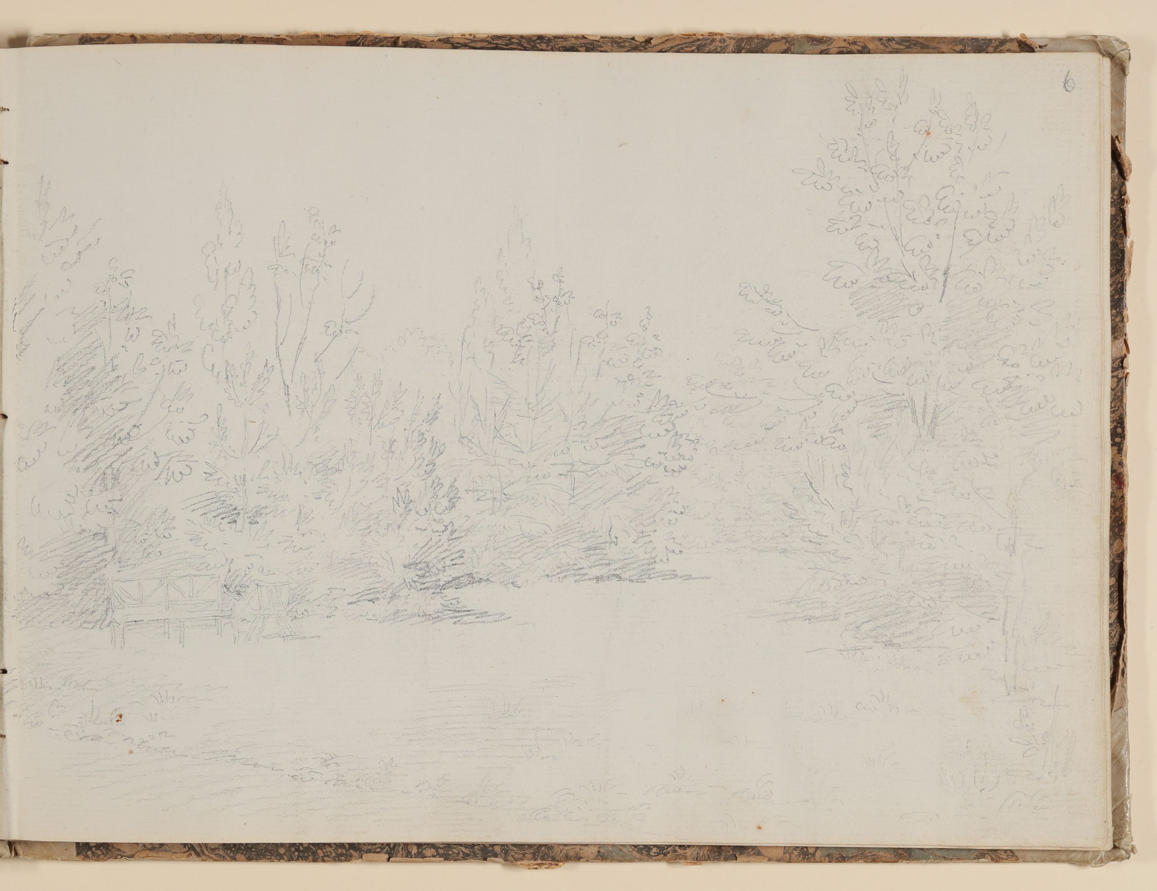 Rosette Städel, Garten mit Rasen, Bäumen, einer Gartenbank und einem -stuhl [aus einem Skizzenbuch der Rosette Städel, Blatt 6]