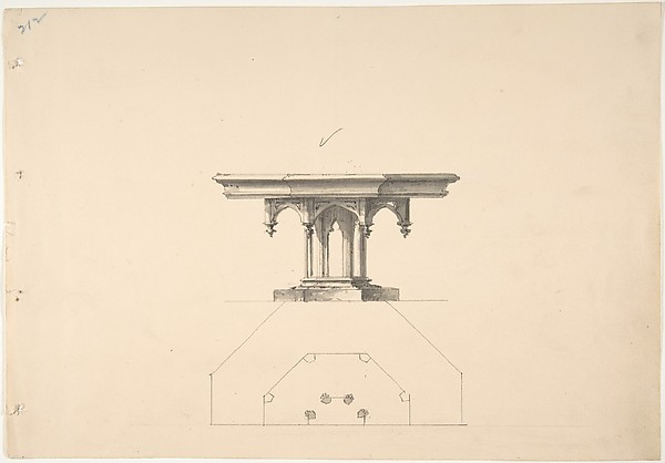 Anonymous, British, 19th century, Design for an Octagonal Gothic Pedestal Table with Pendentives: Elevation and Plan