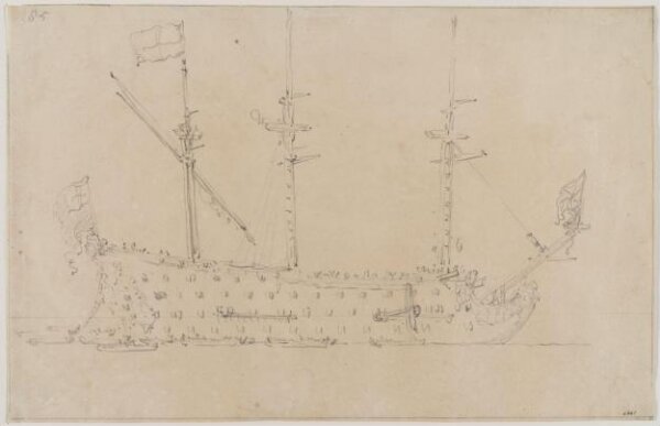 Willem van de velde the elder, An English Three-Decker at Anchor; Broadside View