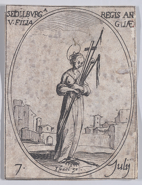 Jacques Callot, Ste. Edilburge, fille du roi d'Angleterre (St. Ethelburga, Daughter of the King of England), July 7th, from "Les Images De Tous Les Saincts et Saintes de L'Année" (Images of All of the Saints and Religious Events of the Year)