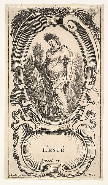Stefano della Bella, Summer, a woman, crowned with corn, standing in a cornfield with corn in her right hand and a scythe in her left hand, within a cartouche topped with corn, from "The Four Seasons" (Les Quatre Saisons)