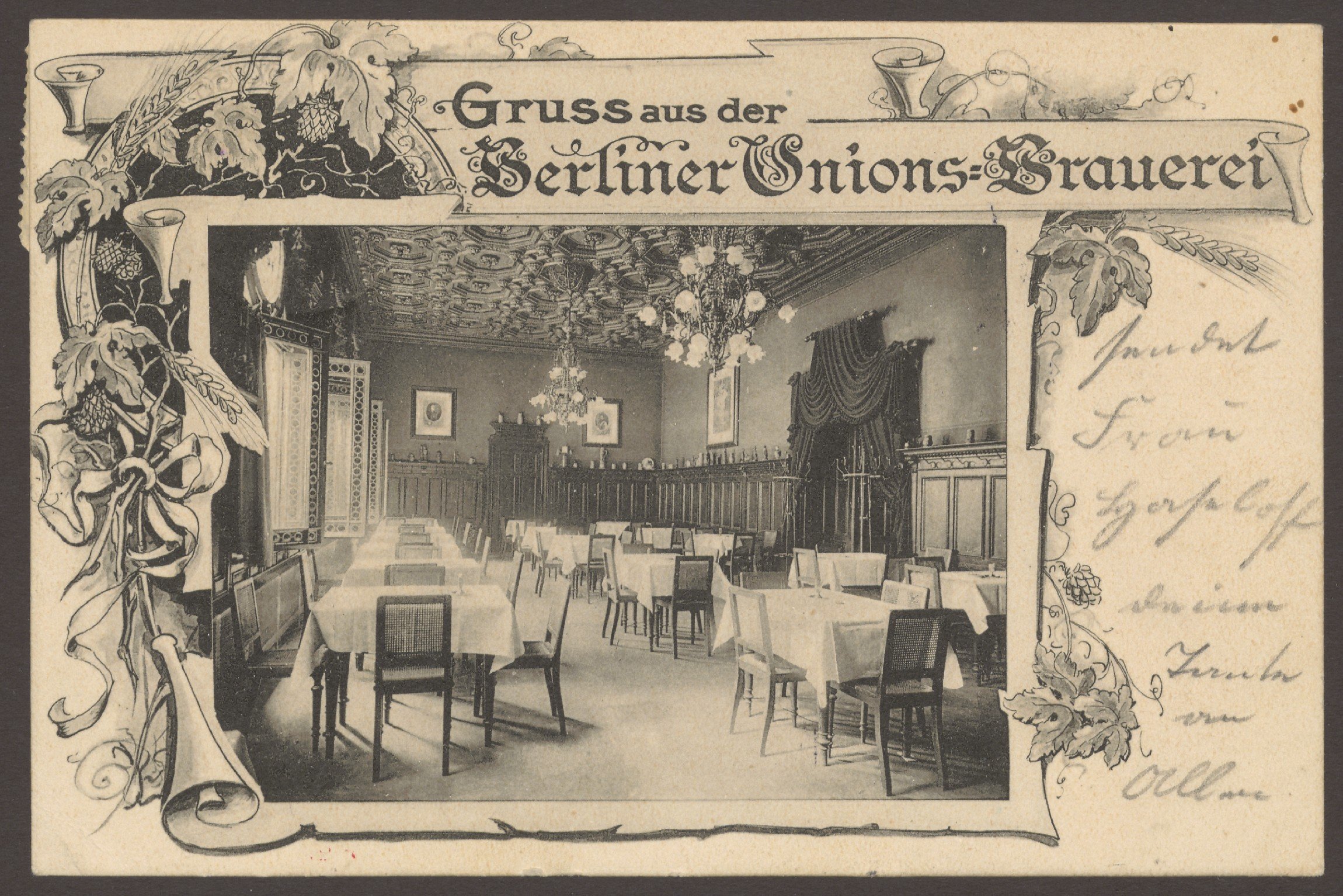 Unknown artist, Ansichtskarte Hasenheide, Innenraum der Berliner Unions-Brauerei [2/3]