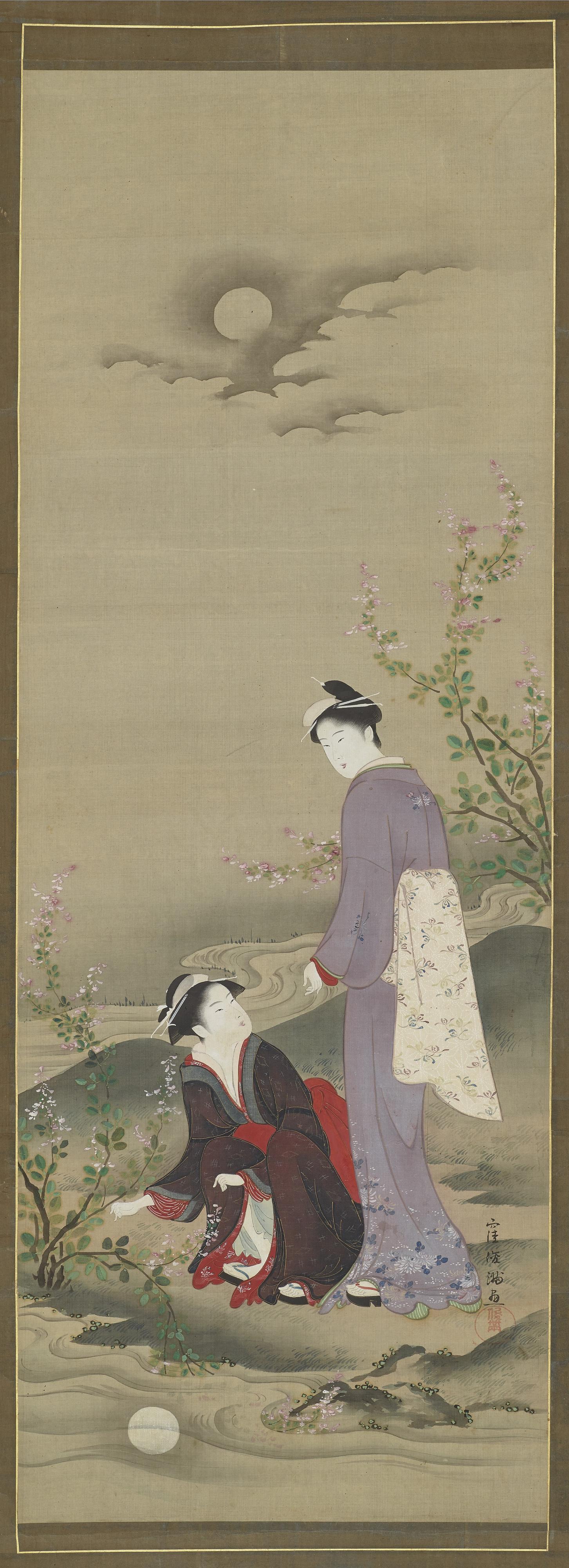 Kubo Shunman, Autumn: Two women gazing at the reflection of the moon