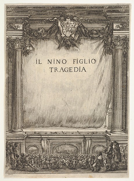 Stefano della Bella, Title page for "The Child Nino" (Il Nino Figlio), a stage with the curtain drawn, the coat of arms of the duke of Modena at top center, spectators below