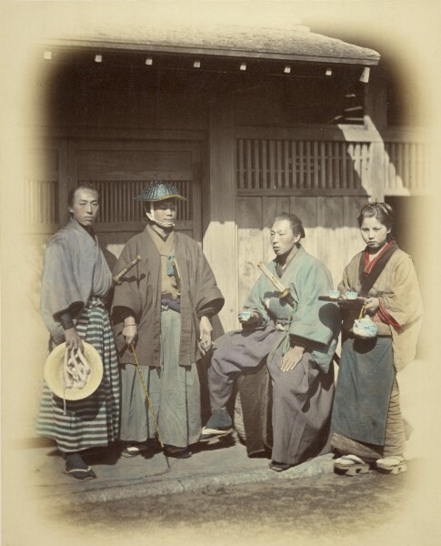Felice Beato, [Japanese Escort Officers in Front of a Teahouse]