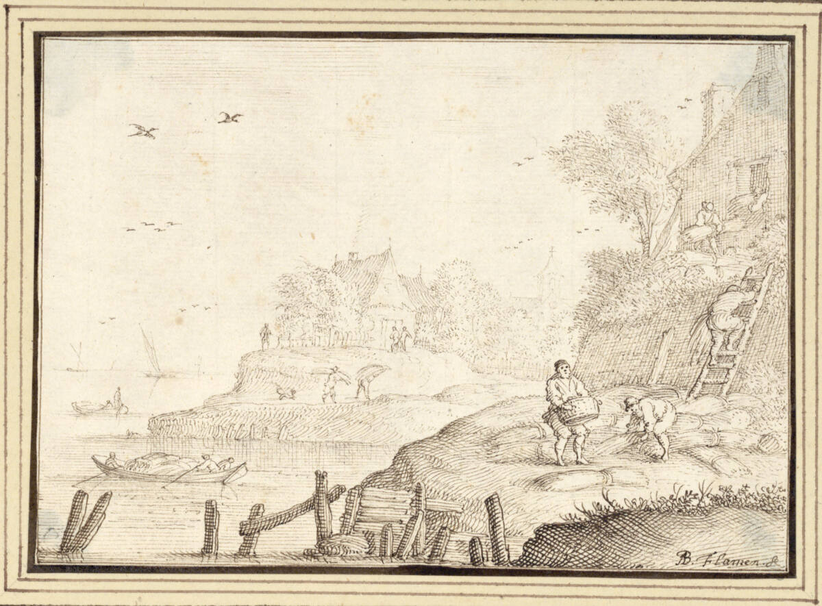 AlbertFlamen, Küstenlandschaft mit Heugarben einbringenden Landleuten (II-7)