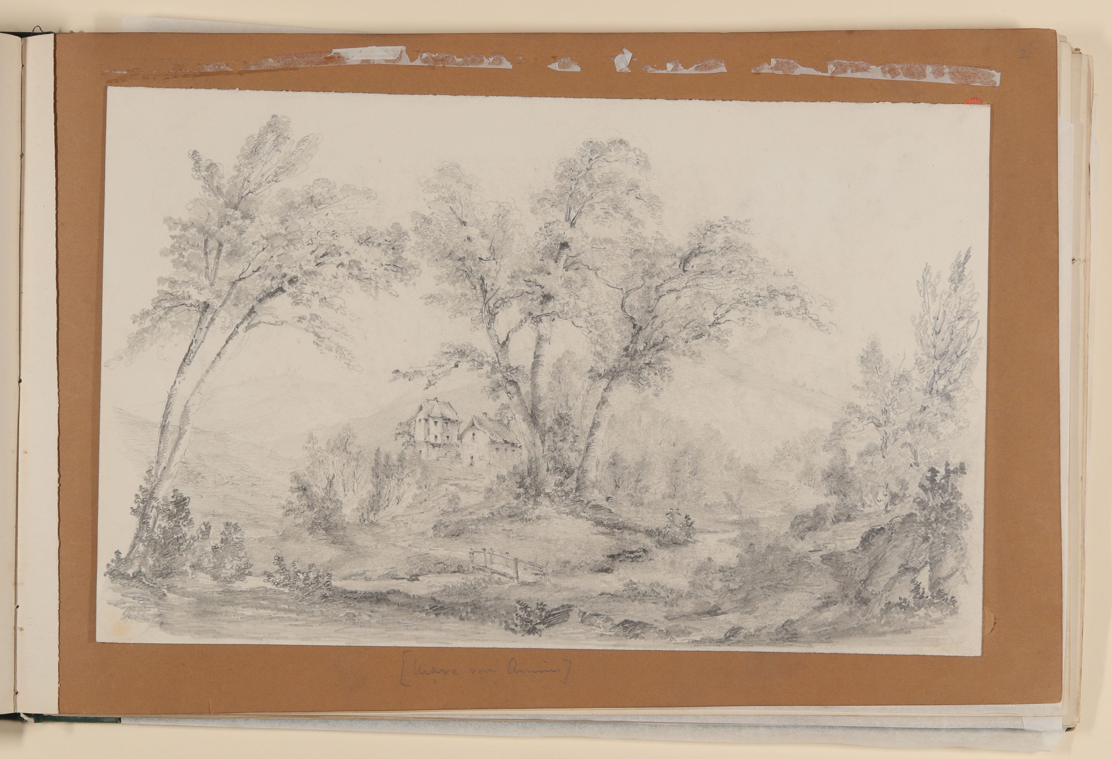 Maximiliane von Arnim, Hügellandschaft mit Bäumen, einem kleinen Fluss und zwei Häusern [aus einem Album aus dem Besitz der Bettine-Töchter]