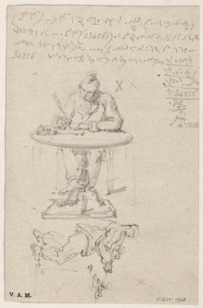 George Chinnery, Sketches of a figure writing at a pedestal table, and a figure lighting a pipe