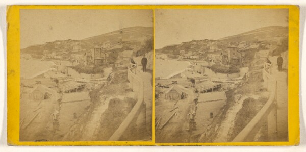 Unknown, [High angle view of an unidentified coastal or river town, mill in view at bottom]
