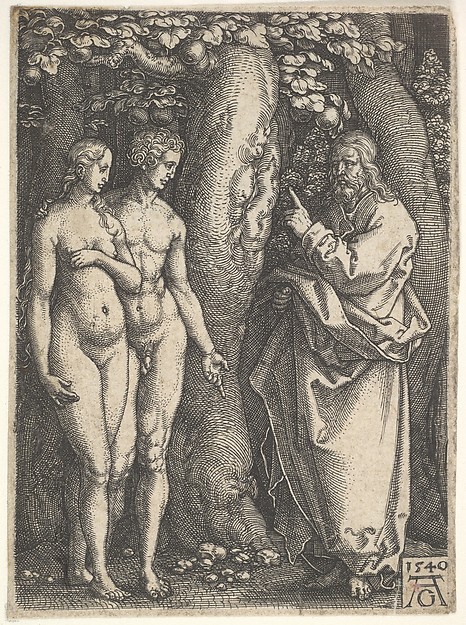 Heinrich Aldegrever, God at right forbidding the nude Adam and Eve at left to eat from the tree of knowledge in center, from "Adam and Eve"