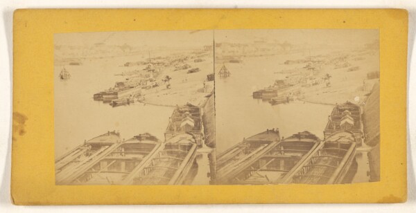 Unknown, [High angle view of barges in harbor]