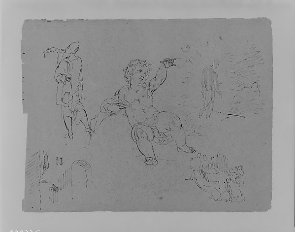 Thomas Sully, Draped Man from Rear (after Tintorietto?); Putto Making Bubbles (?); Shaded Figure in Radiance; Archway and Altar (?); Figure Composition (from Sketchbook)
