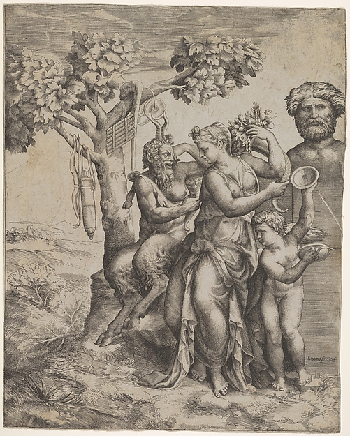 Giulio Bonasone, Pan seated near a female figure holding a cornucopia (a nymph or Pomona), at right cupid plays cymbals in front of a herm, at left a pipe, cymbals, bow, and satchel of arrows hang from a tree