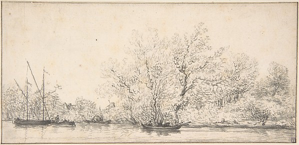 Salomon van Ruysdael, River Scene with Boats before a densely Wooded Bank
