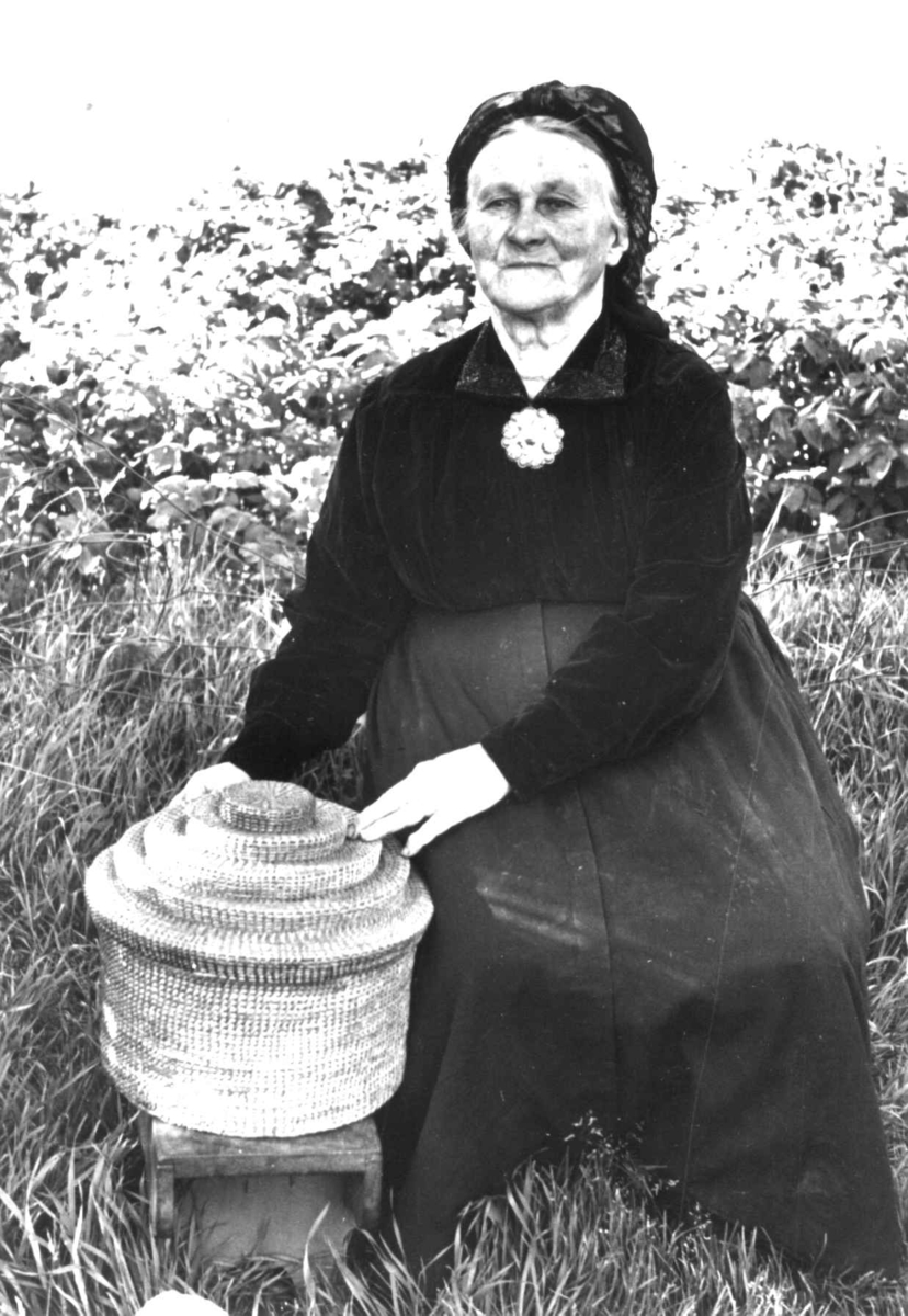 Anna Grostøl, Dølemo Åmli, Aust-Agder 1940. Fru Sigrid Dølemo sitter ved siden av en kurv til å ha silketørklær og sølv i.