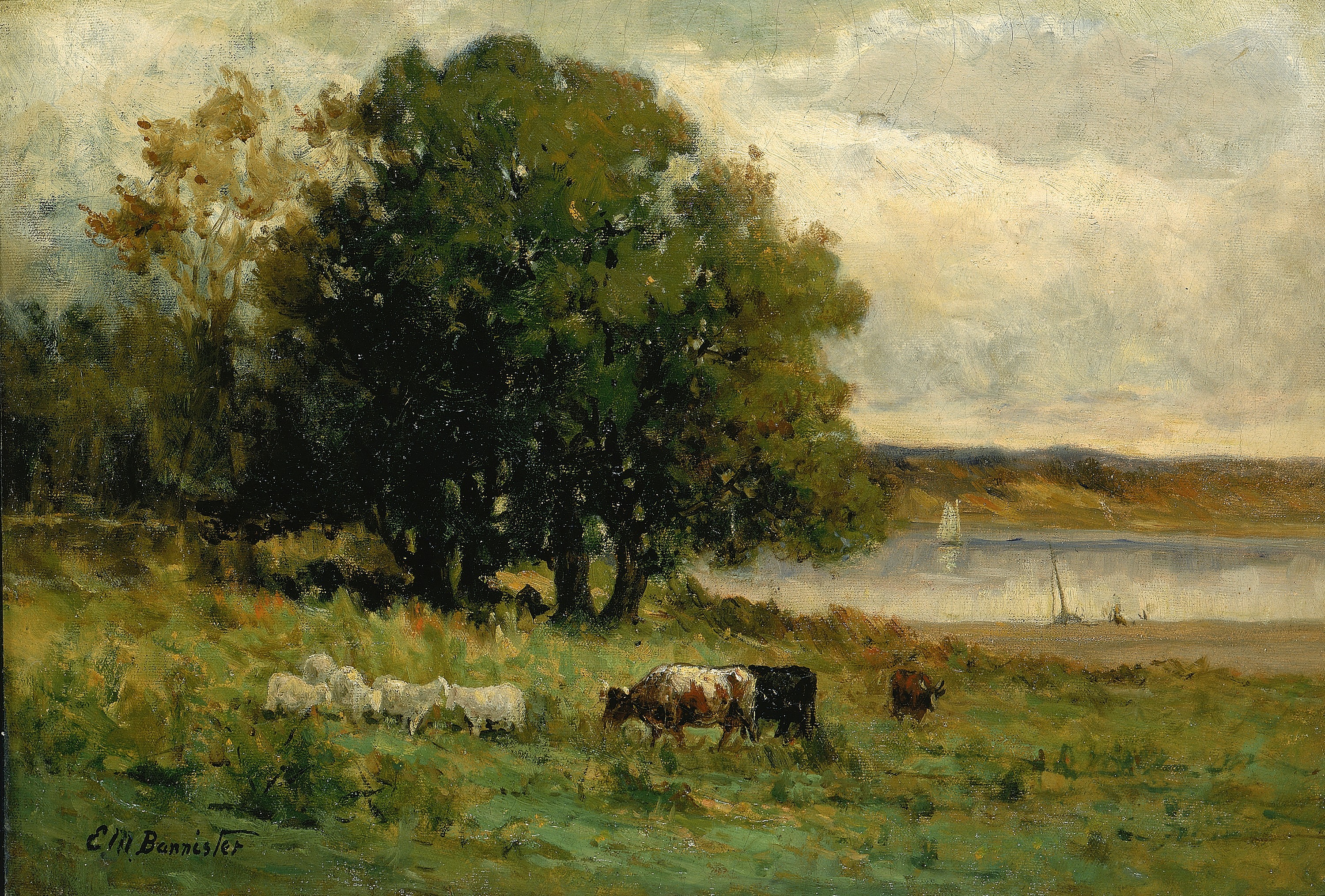 Edward Mitchell Bannister, Untitled (cattle near river with sailboat in distance)