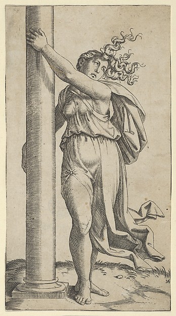 Marcantonio Raimondi, A young woman personifying Force or Strength holding a column