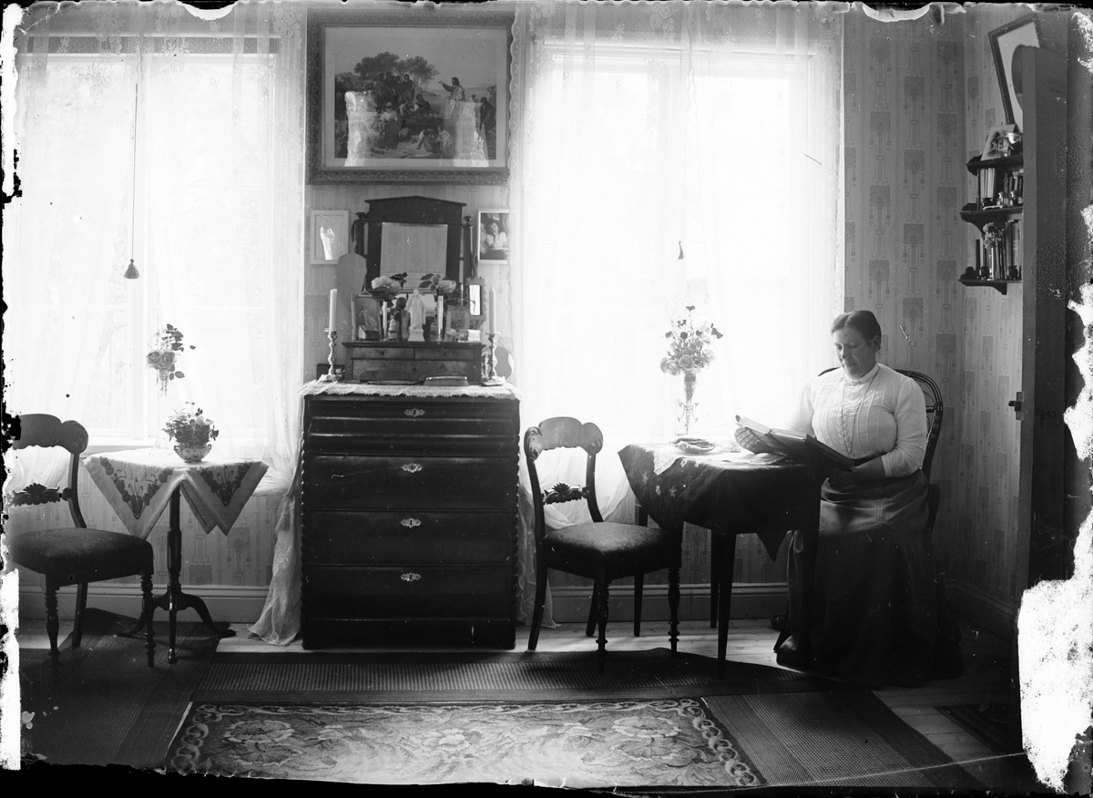 Skötsner-Edhlund, Maria Lindberg sits at the window and reads a book, Östhammar, Uppland
