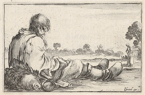 Stefano della Bella, Plate 11: An old man sitting on the ground to left, seen from behind, a peasant woman seen from behind to right in background, from "Caprice faict par de la Bella"