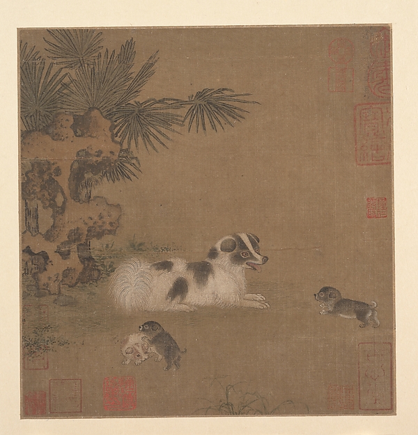 Unidentified artist, Puppies Playing beside a Palm Tree and Garden Rock