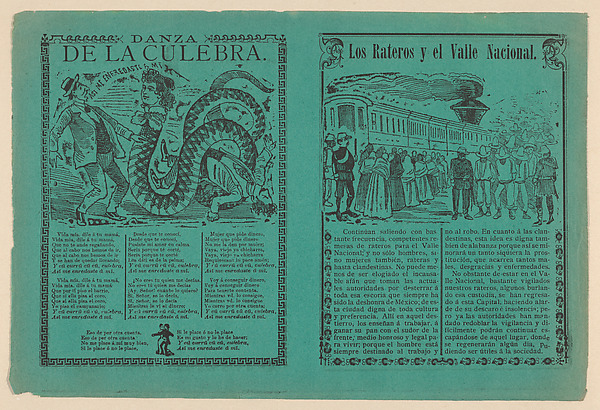 José Guadalupe Posada, Front and back covers of a phamplet relating to the story 'The thieves and the National Valley' with illustration of Indigenous men and women being herded by men in military uniforms towards a train, on the verso 'Dance of the Snake' and a corrido