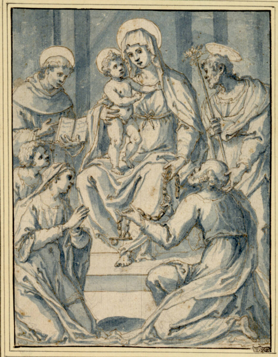 Anonym, Madonna mit Kind und den Heiligen Josef, Franziskus und Petrus, der ihr die Ketten reicht, und einer heiligen Jungfrau