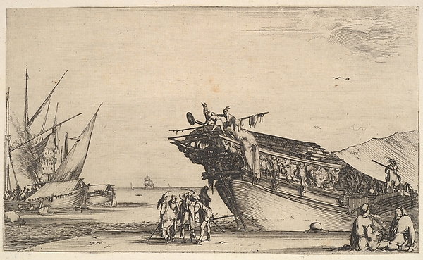 Stefano della Bella, Two men sitting to right, one man is smoking, five men standing in center, the bow of a ship on shore to right, two other ships to left in the background, from "Set of eight nautical landscapes" (Suite de huit Marines)