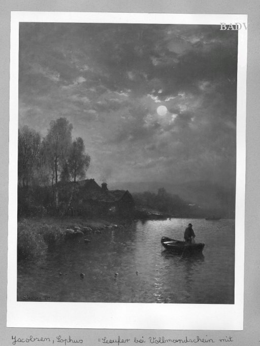 Sophus Jacobsen, Landscape at moonlight fishing - men in a boat