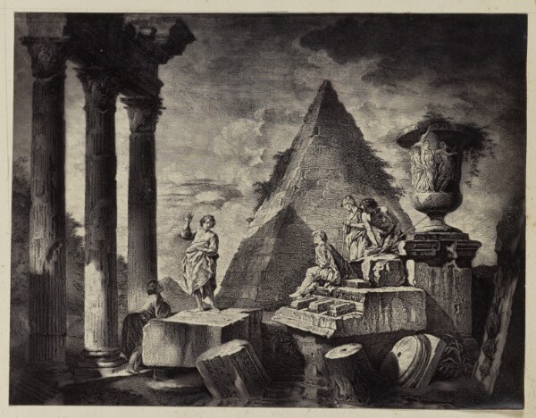 Unknown, [Painting of figure in front of pyramid]