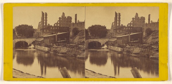 Edward and Henry T. Anthony & Co., View on the Lynchburgh Canal, near the Haxall Flour Mills, Richmond, Va. The ruins of the Gallego Mills in the distance.